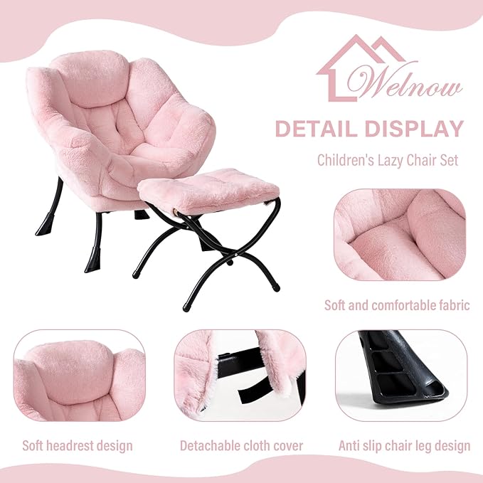 Welnow Toddler Kids Lazy Chair with Ottoman, Accent Comfy Lounge Children Armchair Couch with Armrest and Removable Cover, Detachable Reading Chair with Footrest for Boy or Girl, Plush Pink - LeafyLoom