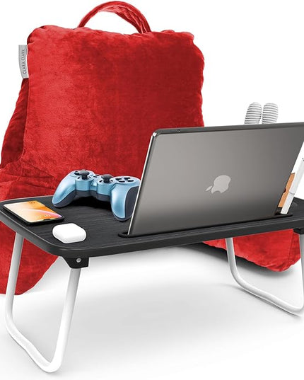 Clara Clark Reading Pillow with Portable Lap Desk Set for Kids, Back Pillow for Sitting Up in Bed, Memory Foam Back Support Pillow, Bed Rest Pillow with Foldable Laptop Desk, Small - Red - LeafyLoom