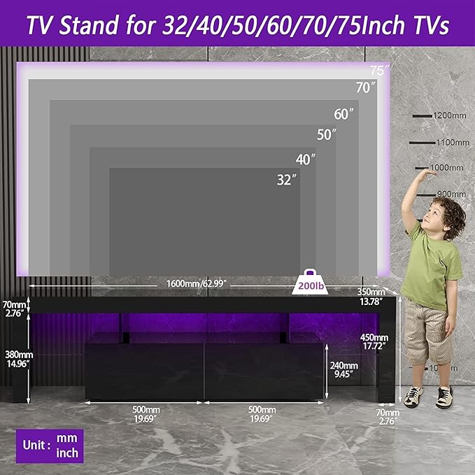 Black TV Stand, 60 65 70 75 inch Wood TV Stand, High Glossy Entertainment Center with Large Drawers＆Glass Display Shelf, LED Modern Media Gaming Cabinet TV Console for Livingroom, Bedroom - LeafyLoom