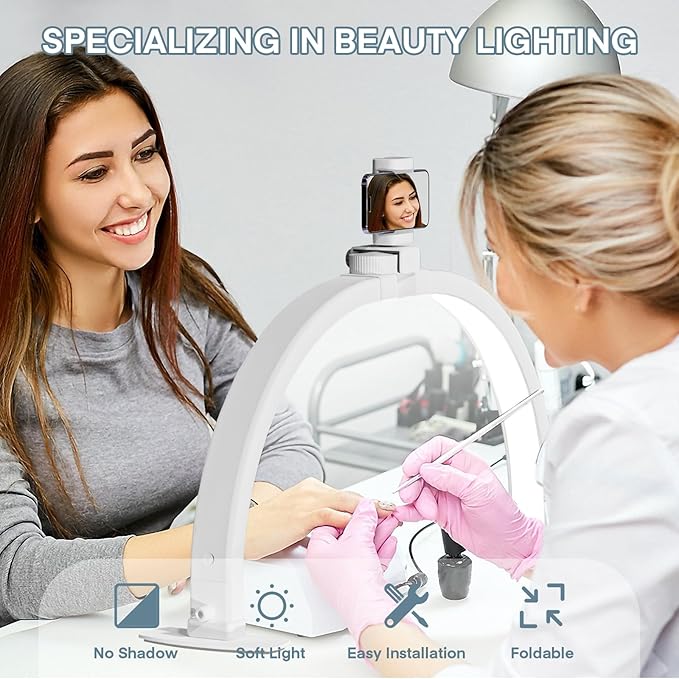 MYSWEETY Foldable Half Moon Nail Desk Lamp, 23 Inch Lash Light Led Nail Tech Lamp for Desk, Half Moon Light with Phone Holder, Estheticians Table Lamp for Tattoo, Lash Eyelash Extension, Beauty - LeafyLoom