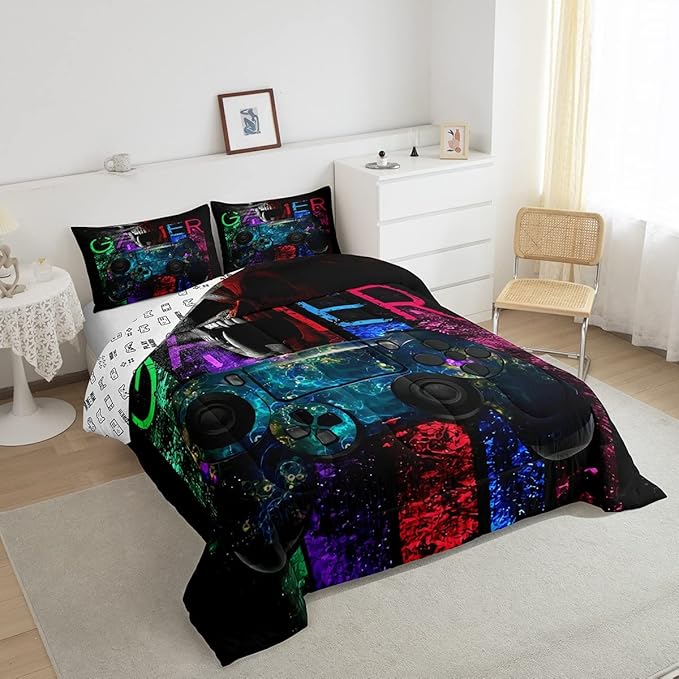 Gamer Bedding Sets for Boys, Gaming Down Comforter Full Size, Gamer Room Decor Bedding Kids Video Games Comforter Set, Sugar Skull Gamepad Bed Duvet Sets for Men Bedroom,with 2 Marble Pillow Sham - LeafyLoom