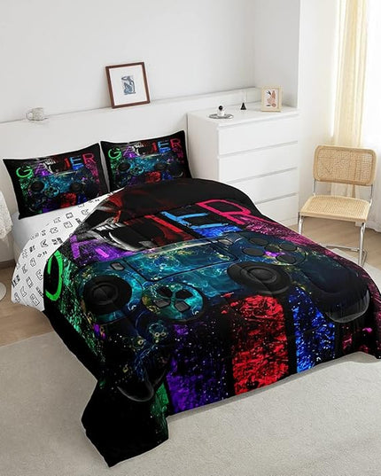Gamer Bedding Sets for Boys, Gaming Down Comforter Twin Size, Gamer Room Decor Bedding Kids Video Games Comforter Set, Sugar Skull Gamepad Bed Duvet Sets for Men Bedroom,with 1 Marble Pillow Sham - LeafyLoom