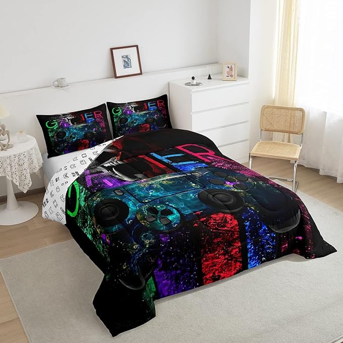 Gamer Bedding Sets for Boys, Gaming Down Comforter Queen Size, Gamer Room Decor Bedding Kids Video Games Comforter Set, Sugar Skull Gamepad Duvet Sets for Men Bedroom,with 2 Marble Pillow Sham - LeafyLoom