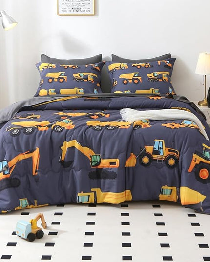 Wajade 7 Piece Construction Truck Kids Comforter Set for Boys Twin Size 3D Vehicles Excavator Cars Bedding Set for Kids Teens(1 Comforter, 1 Flat Sheet, 1 Fitted Sheet, 2 Pillowcase and 2 Pillow Sham) - LeafyLoom