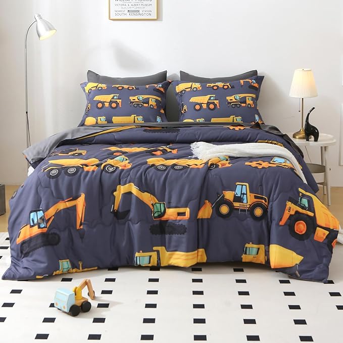 Wajade 7 Piece Construction Truck Kids Comforter Set for Boys Twin Size 3D Vehicles Excavator Cars Bedding Set for Kids Teens(1 Comforter, 1 Flat Sheet, 1 Fitted Sheet, 2 Pillowcase and 2 Pillow Sham) - LeafyLoom