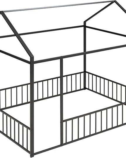 RITSU Full Size Montessori Floor Bed, Metal House Bedframe with Fence, Robust Construction is Used, for Children'S Rooms, Boys Girls, No Box Spring Needed, Easy Assembly, Black - LeafyLoom