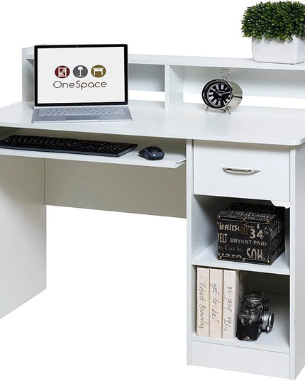 OneSpace Essential Computer Desk, Hutch with Pull-Out Keyboard, White - LeafyLoom