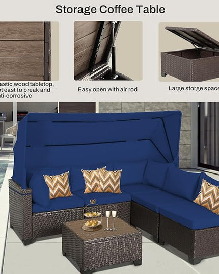 6 PCS Outdoor Patio Furniture Set,Sectional Sofa Set,Rattan Daybed with Retractable Canopy,Adjustable Backrest,Storage Coffee Table,Chaise Chair Sunbed for Garden Poolside Backyard(Dark Blue) - LeafyLoom