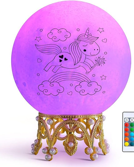 Moon Lamp, 3.9 Inch 3D Moon Night Light Gifts for 3 4 5 6 7 8 9 10 11 12 13+ Year Old Girls Birthday, Unicorn Gifts for Girls Age 3 4 5 6-8+ 16 Colors with Crown Stand & Remote Control - LeafyLoom