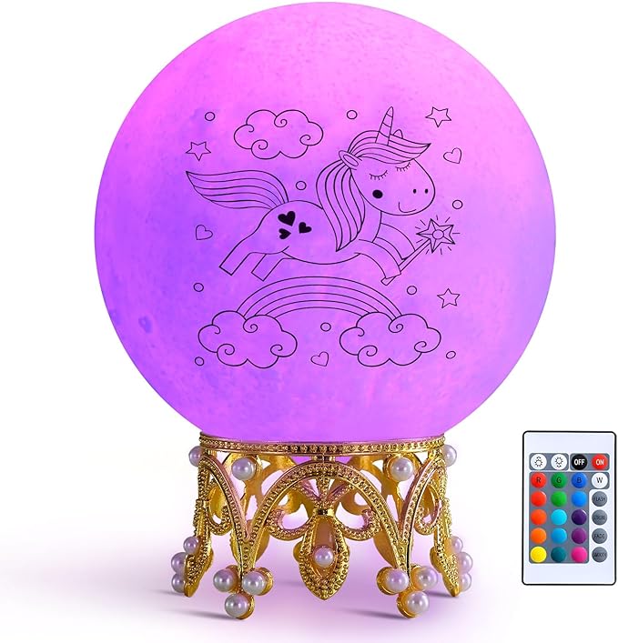 Moon Lamp, 3.9 Inch 3D Moon Night Light Gifts for 3 4 5 6 7 8 9 10 11 12 13+ Year Old Girls Birthday, Unicorn Gifts for Girls Age 3 4 5 6-8+ 16 Colors with Crown Stand & Remote Control - LeafyLoom