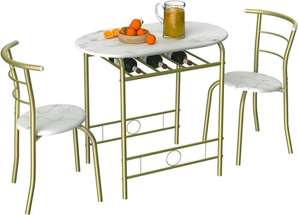 VECELO 3 Piece Small Round Dining Table Set for Kitchen Breakfast Nook, Wood Grain Tabletop with Wine Storage Rack, Save Space, 31.5", White & Gold - LeafyLoom