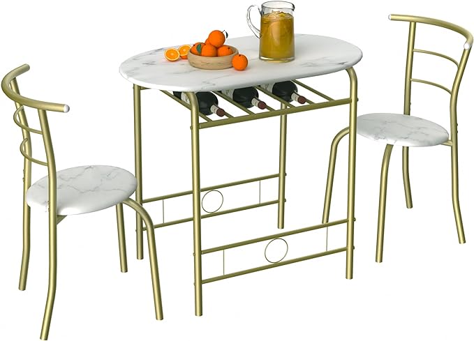 VECELO 3 Piece Small Round Dining Table Set for Kitchen Breakfast Nook, Wood Grain Tabletop with Wine Storage Rack, Save Space, 31.5", White & Gold - LeafyLoom