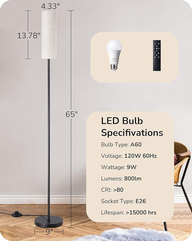 EDISHINE LED Corner Floor Lamp for Living Room, 65" Standing Tall Reading Lamp with Remote, Minimalist Dimmable Pole Lighting for Bedroom, Office, Kids Room, Bulb Included, 2700K-6000K (Black) - LeafyLoom