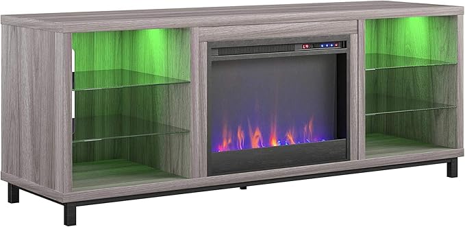 Ameriwood Home Lumina Fireplace TV Stand for TVs up to 70 Inch, Replaceable Electric Fireplace Insert Heater, Remote Control, Timer, Color Changing LED Lights, Crystal Ember Flames, Light Walnut - LeafyLoom
