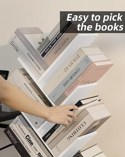 8 Tier Tree Bookshelf with Drawer, Free Standing Wood Bookcase for Living Room, Bedroom, Home Office, Space Saving Storage Organizer Bookshelves for Books, CDs, Vinyl Records- White - LeafyLoom