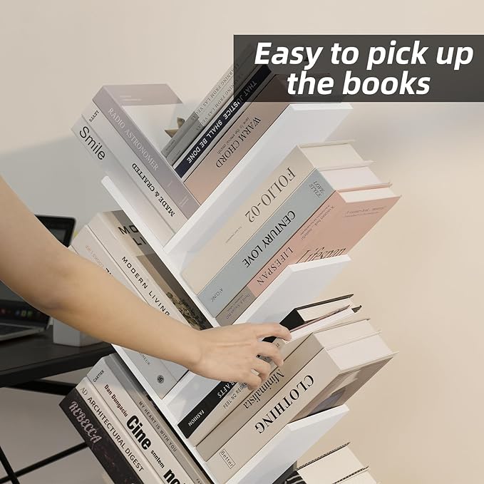 8 Tier Tree Bookshelf with Drawer, Free Standing Wood Bookcase for Living Room, Bedroom, Home Office, Space Saving Storage Organizer Bookshelves for Books, CDs, Vinyl Records- White - LeafyLoom