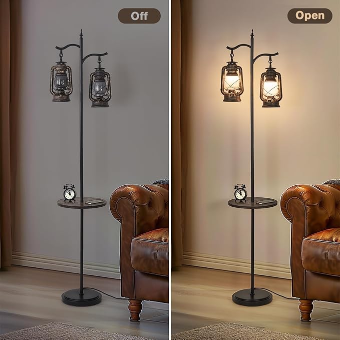 Farmhouse floor lamp with table, Double head vintage floor lantern, Standing lamp for living room，bedroom, Rustic Floor Lamp with Black Brown Finish - LeafyLoom