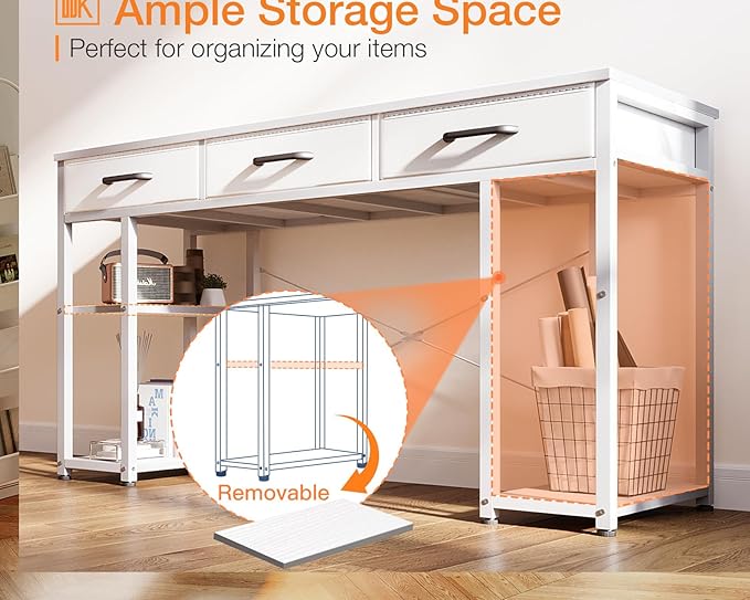 ODK Office Small Computer Desk: Home Table with Fabric Drawers & Storage Shelves, Modern Writing Desk, White, 48"x16" - LeafyLoom