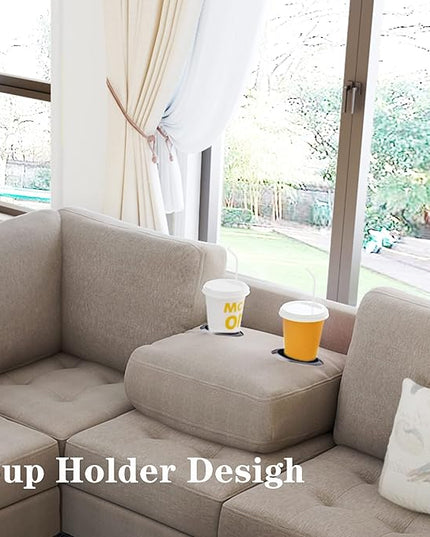 Ottoman&Cup Living Room Furniture Sets,Sectional Corner Sofa L-shape Couch Saving with Storage Ottoman & Cup Holders Design for Large Space Dorm Apartment, Brown F - LeafyLoom