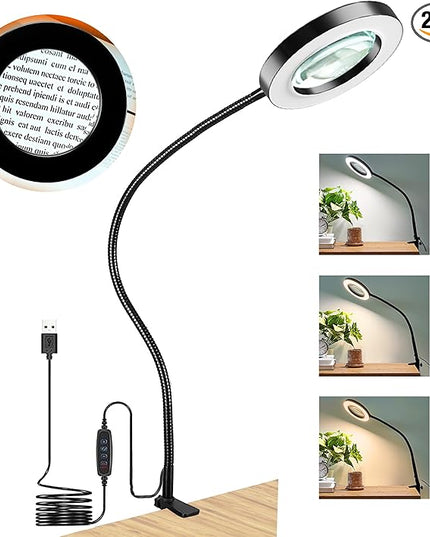 HITTI 12X Large Lens Magnifying Glass with Light and Clamp, 3 Color Modes Stepless Dimmable Lighted Magnifying Lamp, Flexible Gooseneck LED Magnifier with Light for Craft Hobby Painting Close Work - LeafyLoom