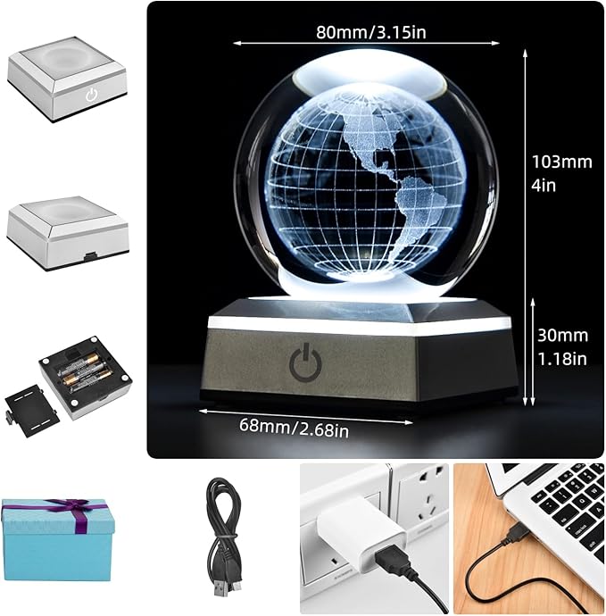 3D Crystal Ball Earth Model, with Led Stand, 3.15'' Globe World Map Planets Glass Ball Decor, Engraved Crystal Sphere with Gift Box, 6 Color Light, Romantic Gifts for Kids Friends - LeafyLoom