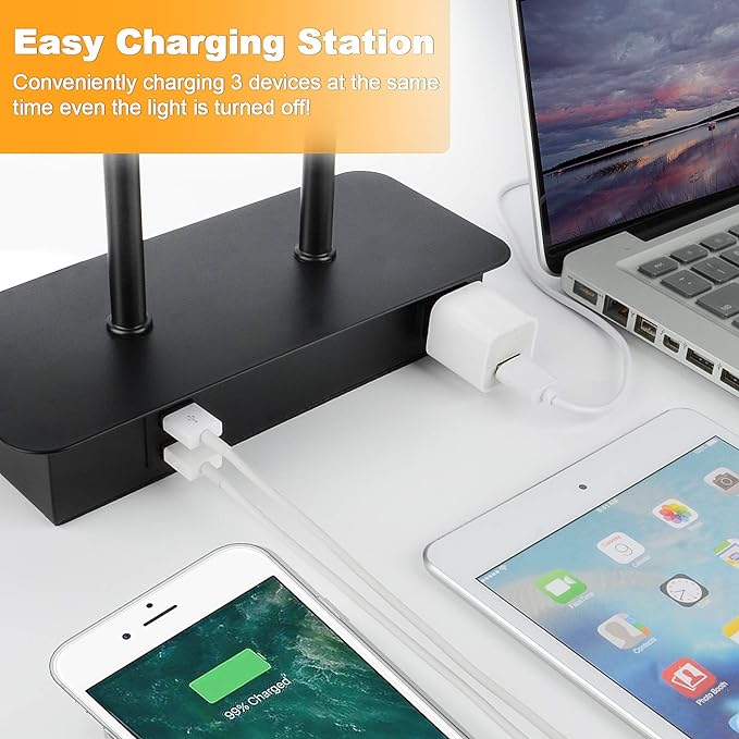 3-Way Dimmable Touch Control Table Lamp with 2 USB Ports and AC Power Outlet Modern Bedside Nightstand Lamp Fabric Shade and Metal Base for Guestroom Bedroom Living Room Hotel LED Bulb Included White - LeafyLoom