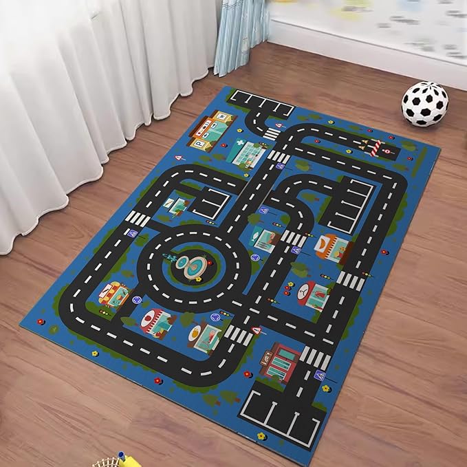 Analog ABC Kids Rug Playroom Car Rug Play Mat City Life Road Rug for Cars Fun City Map for Carpet for Bedroom Boys (78 * 118 inches, Hope City) - LeafyLoom
