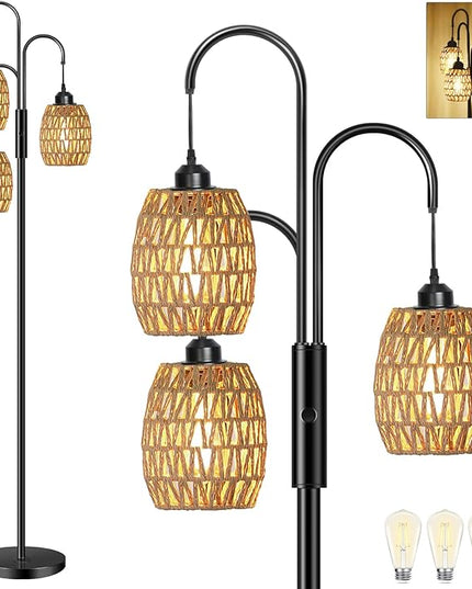 AKASUKI 3 Lights Artificial Rattan Floor Lamps for Living Room, Metal Standing Lamp with Handmade Rope Lampshades, Stepless Dimmable Boho Floor Lamp for Living Room Bedroom, 3 PCS 6W Bulbs Included - LeafyLoom