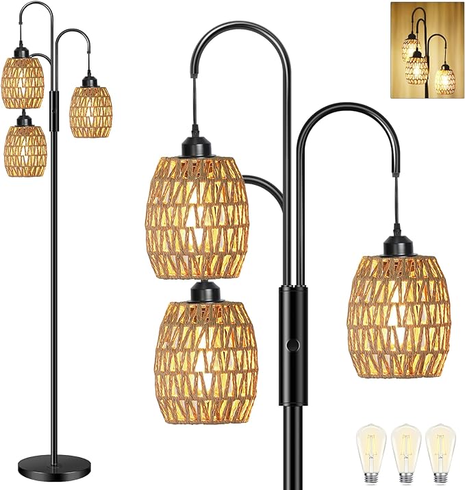 AKASUKI 3 Lights Artificial Rattan Floor Lamps for Living Room, Metal Standing Lamp with Handmade Rope Lampshades, Stepless Dimmable Boho Floor Lamp for Living Room Bedroom, 3 PCS 6W Bulbs Included - LeafyLoom