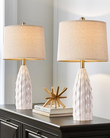 23.75" Modern White Ceramic Lamps Set of 2 for Living Room Study Room Office Dorm Farmhouse Nightstand, End Table Lamps - LeafyLoom