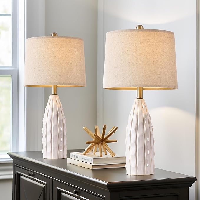 23.75" Modern White Ceramic Lamps Set of 2 for Living Room Study Room Office Dorm Farmhouse Nightstand, End Table Lamps - LeafyLoom