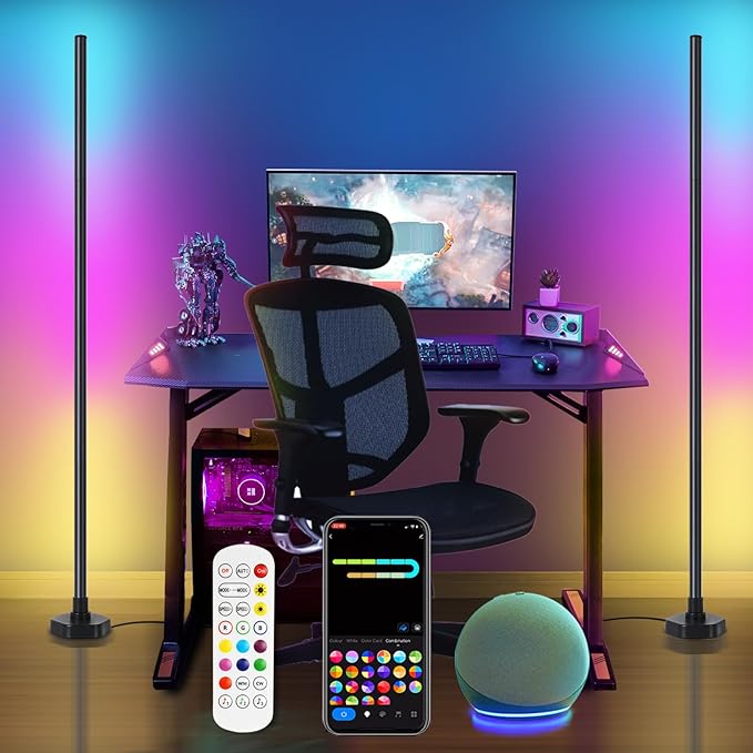 Smart Corner Floor Lamp,RGB LED Corner Lamp Compatible with Alexa & App,Remote Control,16 Million DIY Colors, Music Sync, Timer Setting for Living Rooms, Bedrooms and Gaming Rooms(2 Pack) - LeafyLoom