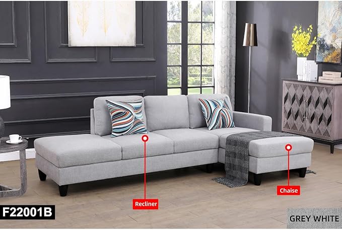 2-Piece L-Shaped Sectional Couches, Lounge, Modular Sofas for Home Office Apartment, Large Living Room Furniture Left Hand Facing, 2pcs 101.5'' Recliner+55.5'' Chaise(Right), Grey White Lint - LeafyLoom