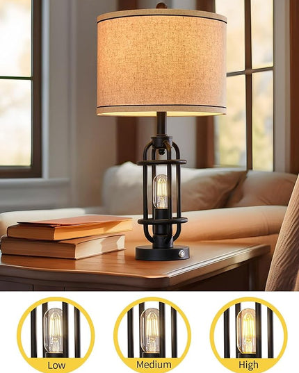 Industrial Black Metal Table Lamps Living Room 23.75'' Lamp for Nightstand Set of 2 Bedside End Lamp Home Decor Touch Lamp Modern Lamps with USB Ports - LeafyLoom