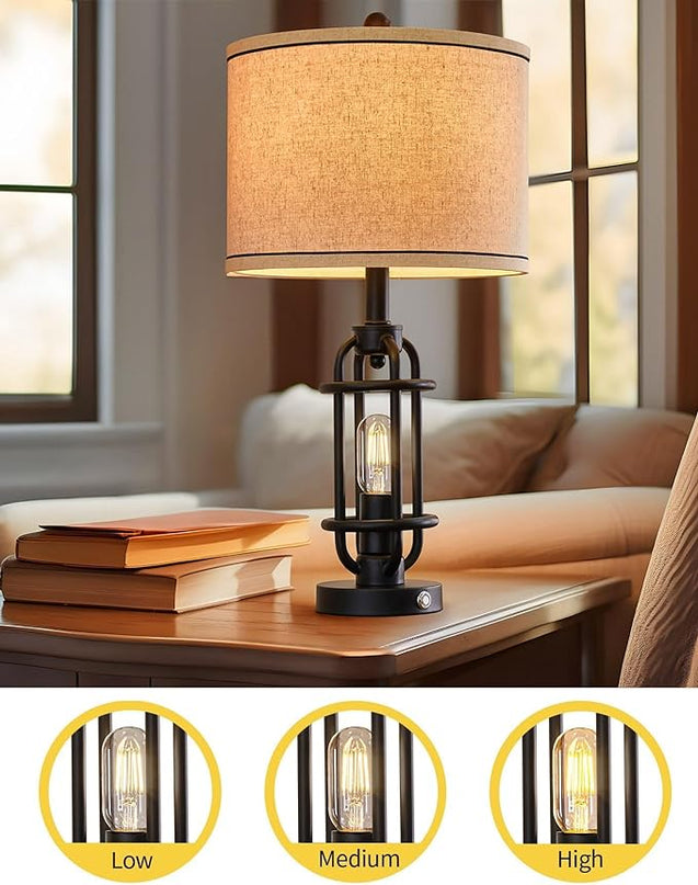 Industrial Black Metal Table Lamps Living Room 23.75'' Lamp for Nightstand Set of 2 Bedside End Lamp Home Decor Touch Lamp Modern Lamps with USB Ports - LeafyLoom