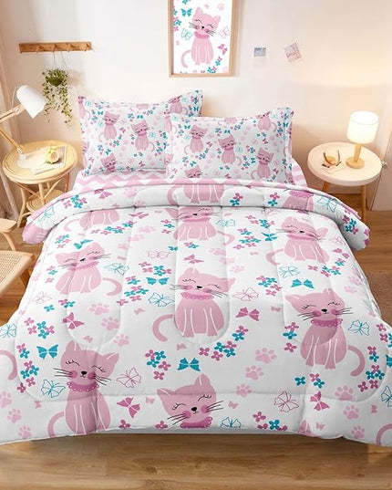 Kids Cat Bedding Twin Size Bed in a Bag, Cute Pink Animal Comforter Set for Teen Girls Bedroom Decor, Kawaii Floral Butterfly Bedding Sets & Collections - LeafyLoom
