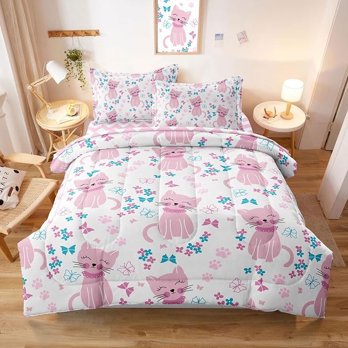 Kids Cat Bedding Twin Size Bed in a Bag, Cute Pink Animal Comforter Set for Teen Girls Bedroom Decor, Kawaii Floral Butterfly Bedding Sets & Collections - LeafyLoom