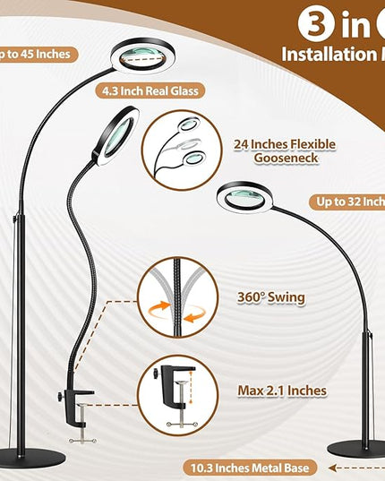 5X Magnifying Glass with Light and Stand, Krstlv 24" Flexible Gooseneck Magnifying Floor Lamp, 3-in-1 LED 5 Color Modes Stepless Dimmable Lighted Magnifier Hands Free for Close Work, Hobby, Esthetican - LeafyLoom