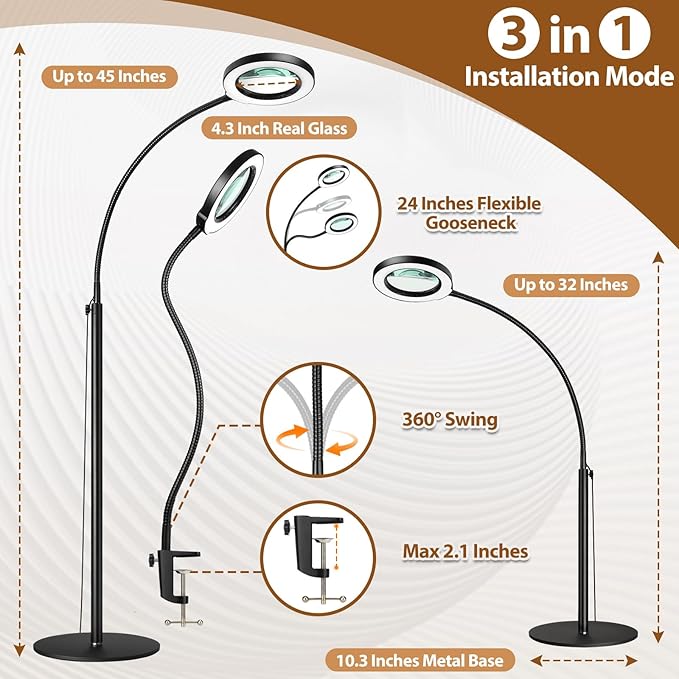 5X Magnifying Glass with Light and Stand, Krstlv 24" Flexible Gooseneck Magnifying Floor Lamp, 3-in-1 LED 5 Color Modes Stepless Dimmable Lighted Magnifier Hands Free for Close Work, Hobby, Esthetican - LeafyLoom