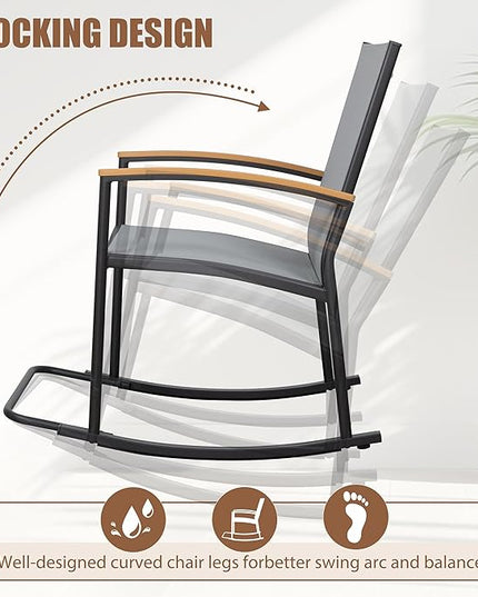 Shintenchi 3 Piece Outdoor Rocking Bistro Set, Textilene Fabric Small Patio Furniture Set, Front Porch Rocker Chairs Conversation Set with Table for Lawn, Garden, Balcony, Poolside (Light Gray) - LeafyLoom