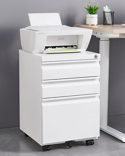 3-Drawer Mobile Lock and 5 Casters,Pre-Assembled Metal Office Storage Filing Cabinets w/ 1 Removable Hanging Rods,for Legal/Letter Size,White - LeafyLoom