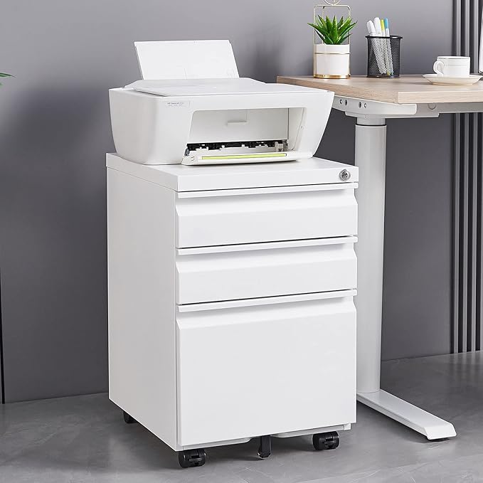 3-Drawer Mobile Lock and 5 Casters,Pre-Assembled Metal Office Storage Filing Cabinets w/ 1 Removable Hanging Rods,for Legal/Letter Size,White - LeafyLoom