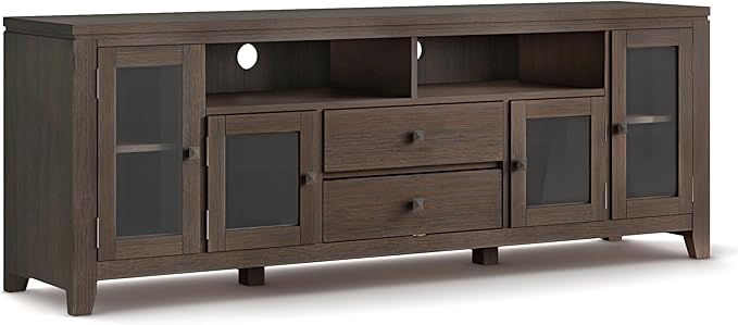 SIMPLIHOME Cosmopolitan SOLID WOOD Universal TV Media Stand, 72 inch Wide, Contemporary, Living Room Entertainment Center with Storage, for Flat Screen TVs up to 80 inches in Farmhouse Brown - LeafyLoom