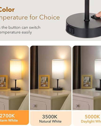 GGOYING Bedside Table Lamp,3-Color Temperature Table Lamp with 2700K/3500K/5000K LED Bulb and AC Outlet, Small Lamp with Round White Fabric Shade for Bedroom - LeafyLoom