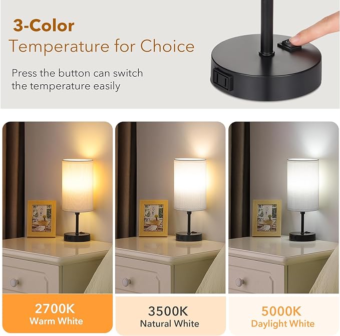 GGOYING Bedside Table Lamp,3-Color Temperature Table Lamp with 2700K/3500K/5000K LED Bulb and AC Outlet, Small Lamp with Round White Fabric Shade for Bedroom - LeafyLoom