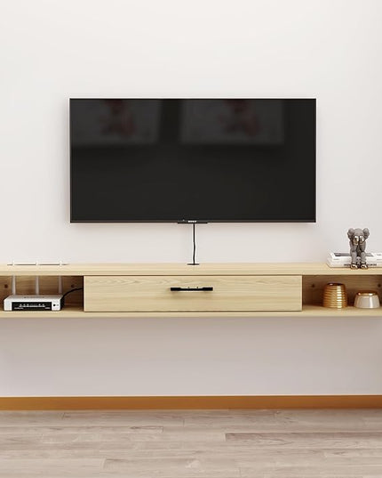 Floating TV Unit, 95'' Wall Mounted TV Cabinet, Floating Shelves with Door, Modern Entertainment Media Console Center Large Storage TV Bench for Living Room & Office (94.49IN, Oak) - LeafyLoom