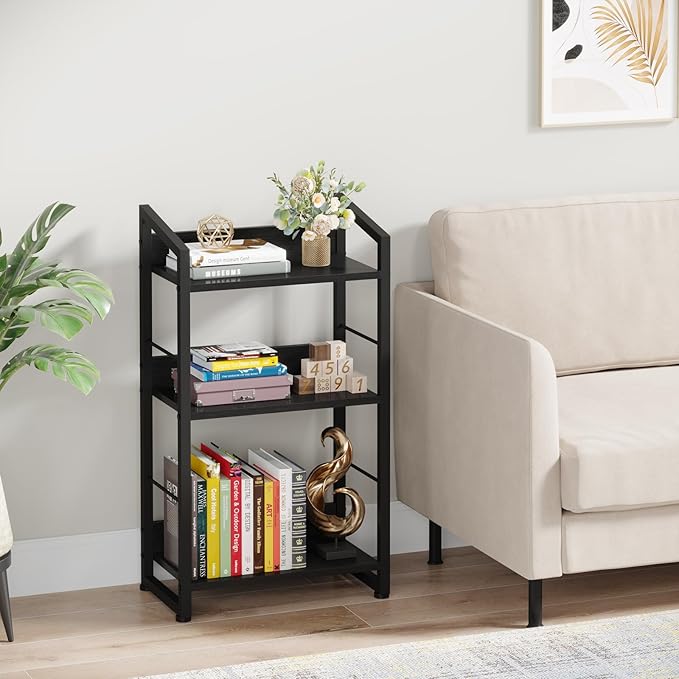 3 Tier Bookshelf: Small Modern Industrial Bookshelves for Bedroom, Short Bookcase Book Shelf for Small Spaces (Black) - LeafyLoom