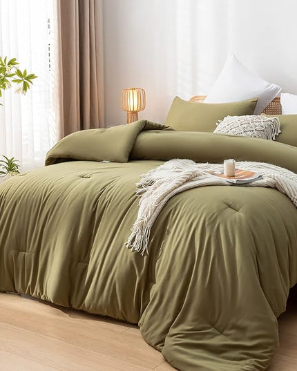 Olive Green Queen Comforter Set 3PCS Farmhouse Bed Comforter Set Queen Size Soft Lightweight Down Alternative Microfiber Comforter for All Season (1 Comforter, 2 Pillowcases) - LeafyLoom