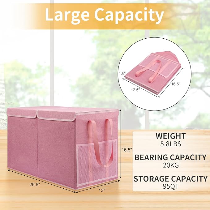 Large Toy Box for Boys Girls Toy Chest Kids Toy Storage Organizer Collapsible Toy Storage Bin Basket with Two Mesh Pockets for Nursery Playroom Bedroom Living Room Organization - LeafyLoom