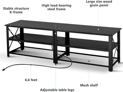 Clikuutory Modern Black 63 inch Metal TV Stand with LED Lights and Power Outlets for 40 50 55 60 65 70 Inch TVs, 3 Tier Television Stands with Entertainment Center and Storage for Living Room, Bedroom - LeafyLoom